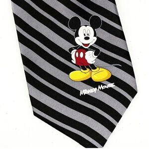 Mickey Unlimited Men's Neck Tie Mickey on Stripes 59" Long Black & Gray Silk
